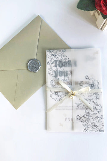 Personlig grøn gylden bryllupsinvitation med sløjfe